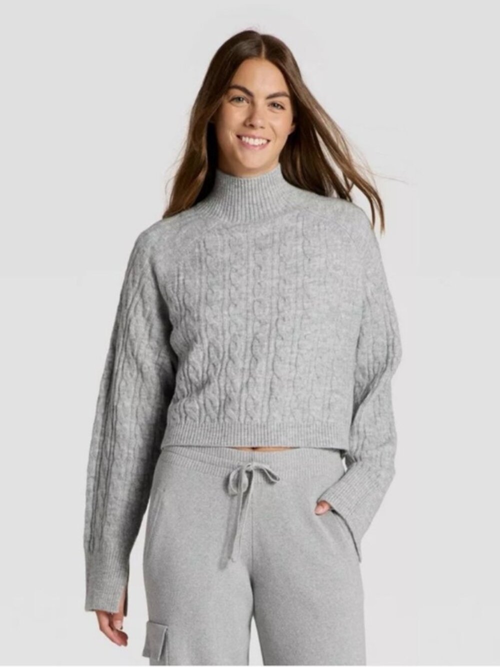 NEW Women's Mock Neck Cable Knit Sweater - JoyLab™ Heathered Gray XL